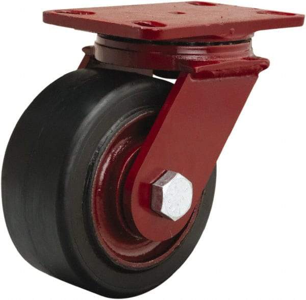 Hamilton - 6" Diam x 3" Wide x 7-1/2" OAH Top Plate Mount Swivel Caster - Rubber Mold on Cast Iron, 680 Lb Capacity, Straight Roller Bearing, 4-1/2 x 6-1/2" Plate - Eagle Tool & Supply
