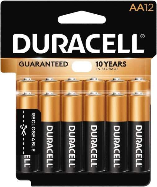 Duracell - Size AA, Alkaline, 12 Pack, Standard Battery - 1.5 Volts, Button Tab Terminal - Eagle Tool & Supply