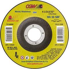 Camel Grinding Wheels - 36 Grit, 5" Wheel Diam, 3/32" Wheel Thickness, 7/8" Arbor Hole, Type 27 Depressed Center Wheel - Medium Grade, Aluminum Oxide, Resinoid Bond, 12,250 Max RPM - Eagle Tool & Supply