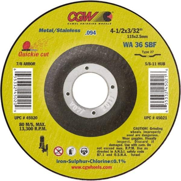 Camel Grinding Wheels - 36 Grit, 7" Wheel Diam, 3/32" Wheel Thickness, 7/8" Arbor Hole, Type 27 Depressed Center Wheel - Medium Grade, Aluminum Oxide, Resinoid Bond, 8,600 Max RPM - Eagle Tool & Supply