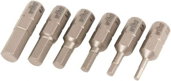 Wiha - 6 Piece, 1/4" Drive Screwdriver Insert Bit Set - 2 to 6mm Hex - Eagle Tool & Supply