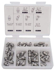 PRO-LUBE - 40 Piece, Inch, Box Plastic Stainless Steel Grease Fitting Set - Includes PTF, UNF Thread Types, Includes 1/4-28 SAE-LT: (10) Straight, (5) 45°, (5) 90°, 1/8-27 PTF: (10) Straight, (5) 45°, (5) 90° - Eagle Tool & Supply