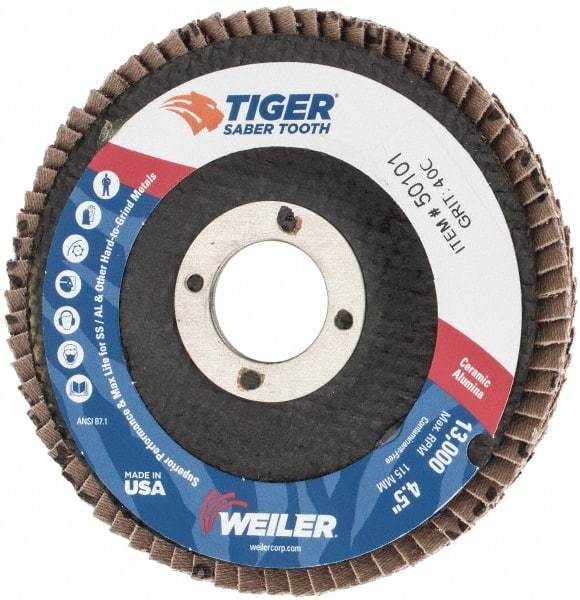 Weiler - 40 Grit, 4-1/2" Disc Diam, 7/8" Center Hole, Type 29 Ceramic Flap Disc - 13,000 Max RPM, Phenolic Backing, Arbor Attaching System, Coated - Eagle Tool & Supply