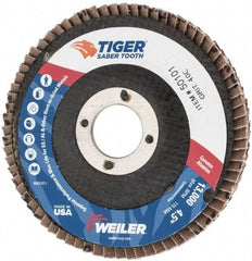 Weiler - 40 Grit, 4-1/2" Disc Diam, 7/8" Center Hole, Type 29 Ceramic Flap Disc - 13,000 Max RPM, Phenolic Backing, Arbor Attaching System, Coated - Eagle Tool & Supply