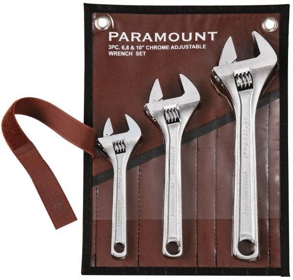 Paramount - 3 Piece, 6" to 10", Adjustable Wrench Set - Inch Measurement Standard, Chrome Finish, Comes in Canvas Roll - Eagle Tool & Supply