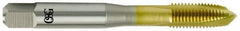 OSG - #10-32 UNF, 3 Flute, TiN Finish, Vanadium High Speed Steel Spiral Point Tap - Plug Chamfer, Right Hand Thread, 2-3/8" OAL, 7/8" Thread Length, Series 11015 - Exact Industrial Supply