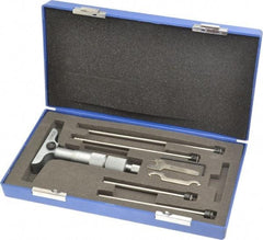 Fowler - 0 to 4" Range, 4 Rod, Satin Chrome Finish Mechanical Depth Micrometer - Ratchet Stop Thimble, 2-1/2" Base Length, 0.001" Graduation, 0.176" Rod Diam - Eagle Tool & Supply