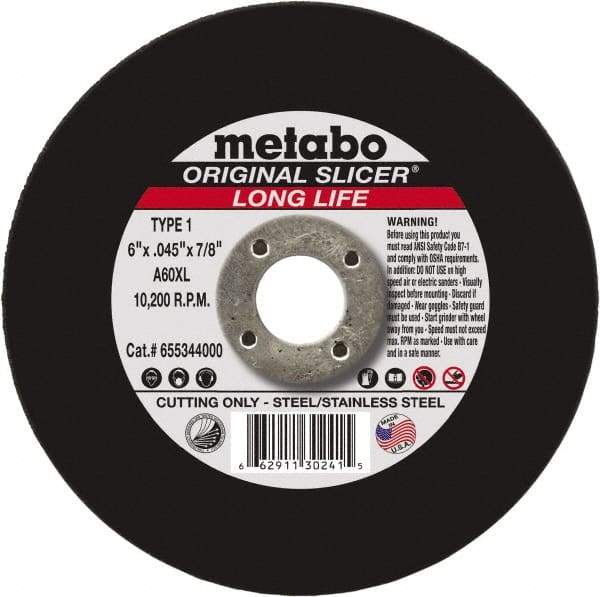 Metabo - 6" 60 Grit Aluminum Oxide Cutoff Wheel - 0.045" Thick, 7/8" Arbor, 10,200 Max RPM, Use with Angle Grinders - Eagle Tool & Supply