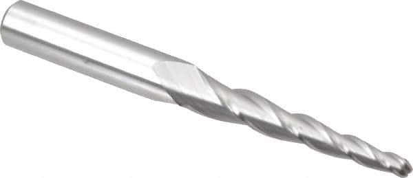 Accupro - 3° Taper Angle per Side, 5/32" Small End Diam, 1-3/4" LOC, Solid Carbide 3 Flute Tapered Ball End Mill - 3-1/2" OAL, 3/8" Shank Diam - Eagle Tool & Supply
