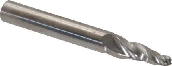 Accupro - 7° Taper Angle per Side, 1/8" Small End Diam, 1/2" LOC, Solid Carbide 3 Flute Tapered Ball End Mill - 3" OAL, 1/4" Shank Diam - Eagle Tool & Supply