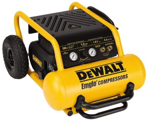 DeWALT - 1.8 HP, 5.2 CFM Wheeled Electric Oil Free Compressor - 4.5 Gallon Tank, 15 Amp, 200 Max psi, 120V - Eagle Tool & Supply