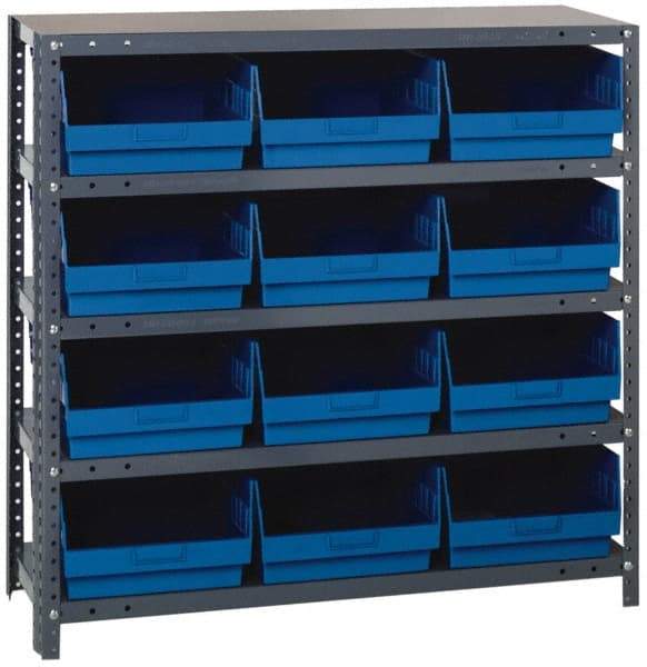 Quantum Storage - 12 Bin Store-More Shelf Bin System - 36 Inch Overall Width x 12 Inch Overall Depth x 39 Inch Overall Height, Blue Polypropylene Bins - Eagle Tool & Supply