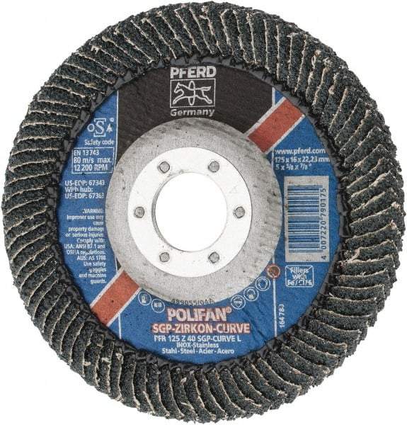 PFERD - 40 Grit, 5" Disc Diam, 7/8" Center Hole, Type 27 Zirconia Alumina Flap Disc - 12,200 Max RPM, Fiberglass Backing, Arbor Attaching System, Coated - Eagle Tool & Supply