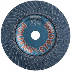 PFERD - 50 Grit, 4-1/2" Disc Diam, 7/8" Center Hole, Type 29 Zirconia Alumina Flap Disc - 13,300 Max RPM, Fiberglass Backing, Arbor Attaching System, Coated - Eagle Tool & Supply