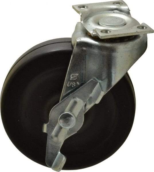 Shepherd - 3" Diam x 13/16" Wide x 3-1/2" OAH Top Plate Mount Swivel Caster with Brake - Soft Rubber, 110 Lb Capacity, Nylon Bearing, 1-3/16 x 2" Plate - Eagle Tool & Supply