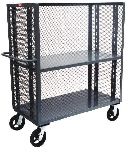Jamco - 2,000 Lb Capacity, 2 Shelf, 3-Sided Steel Mesh Stock Truck - 48" Long x 30" Wide x 57" High, 6" Diam Phenolic Wheels - Eagle Tool & Supply