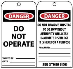 NMC - 3" High x 6" Long, DANGER - DO NOT OPERATE, English Safety & Facility Lockout Tag - Tag Header: Danger, 2 Sides, Black, Red & White Unrippable Vinyl - Eagle Tool & Supply
