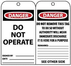 NMC - 3" High x 6" Long, DANGER - DO NOT OPERATE, English Safety & Facility Lockout Tag - Tag Header: Danger, 2 Sides, Black, Red & White Unrippable Vinyl - Eagle Tool & Supply