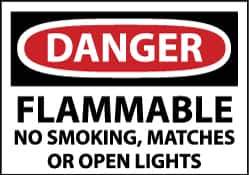 NMC - "Danger - Flammable - No Smoking, Matches or Open Lights", 10" Long x 14" Wide, Pressure-Sensitive Vinyl Safety Sign - Rectangle, 0.004" Thick, Use for Accident Prevention - Eagle Tool & Supply