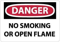NMC - "Danger - No Smoking or Open Flame", 10" Long x 14" Wide, Pressure-Sensitive Vinyl Safety Sign - Rectangle, 0.004" Thick, Use for Accident Prevention - Eagle Tool & Supply