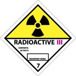 NMC - Accident Prevention Label - Legend: Radioactive III Contents: Activity: Transport Index, English, Black, Yellow, Pink & White, 4" Long x 4" High, Sign Muscle Finish - Eagle Tool & Supply