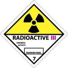 NMC - Accident Prevention Label - Legend: Radioactive III Contents: Activity: Transport Index, English, Black, Yellow, Pink & White, 4" Long x 4" High, Sign Muscle Finish - Eagle Tool & Supply