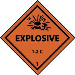 NMC - Accident Prevention Label - Legend: Explosive 1.2C, English, Black & Orange, 4" Long x 4" High, Sign Muscle Finish - Eagle Tool & Supply