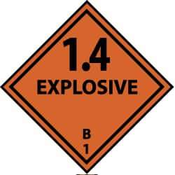 NMC - Accident Prevention Label - Legend: 1.4 Explosive B, English, Black & Orange, 4" Long x 4" High, Sign Muscle Finish - Eagle Tool & Supply