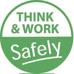 NMC - Think and Work Safely, Hard Hat Label - White on Green, 2" Thick, For Accident Prevention - Eagle Tool & Supply