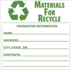 NMC - Hazardous Materials Label - Legend: Materials for Recycle - Originator Information - Name _____, Address _____, City, State, Zip _____, Contents _______, English, Green & White, 6" Long x 6" High, Sign Muscle Finish - Eagle Tool & Supply