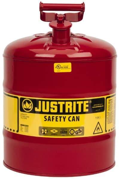 Justrite - 5 Gal Galvanized Steel Type I Safety Can - 16-7/8" High x 11-3/4" Diam, Red with Yellow - Eagle Tool & Supply