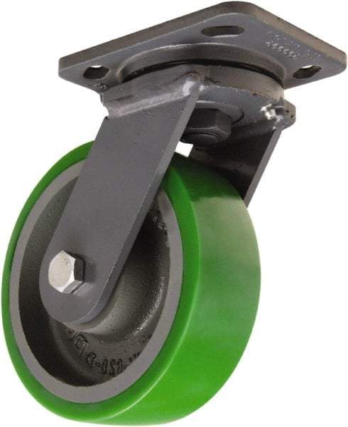 Hamilton - 6" Diam x 2" Wide x 7-1/2" OAH Top Plate Mount Swivel Caster - Polyurethane Mold onto Cast Iron Center, 1,200 Lb Capacity, Tapered Roller Bearing, 4 x 5" Plate - Eagle Tool & Supply