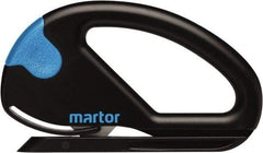 Martor USA - Fixed Safety Cutter - 1-11/16" Carbon Steel Blade, Black & Blue Polycarbonate Handle, 1 Blade Included - Eagle Tool & Supply