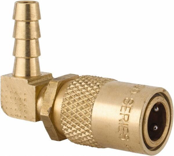 Coilhose Pneumatics - Hose Barb Non-Valved Moldflow Pneumatic Hose 90° Non-Valved Coupler - Brass, 1/4" Body Diam, 1/4" Hose ID - Eagle Tool & Supply