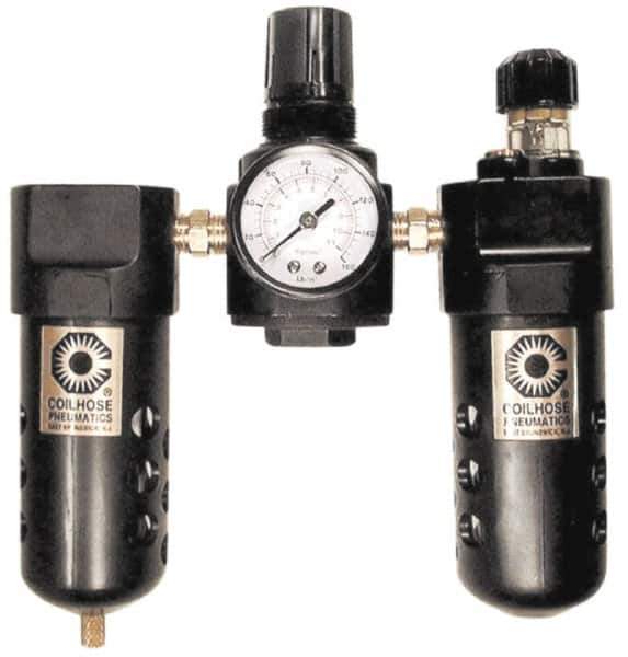 Coilhose Pneumatics - 3/8" NPT Port Compact 3 Piece Filter-Regulator-Lubricator FRL Unit - Polycarbonate Bowl, 65 SCFM, 150 Max psi, 6.5" High, Automatic Drain - Eagle Tool & Supply