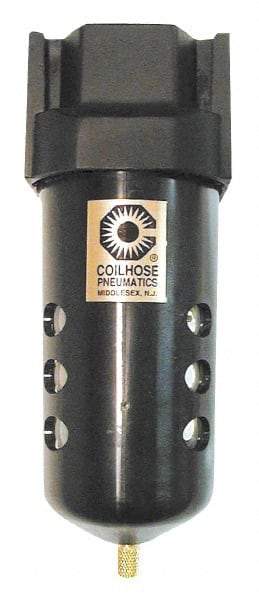 Coilhose Pneumatics - 1/2" Port, 7" High x 2-3/4" Wide, Standard FRL Filter with Metal Bowl & Manual Drain - 127 SCFM, 250 Max psi, 250°F Max, Sight Glass Included, Modular Connection, 8.5 oz Bowl Capacity - Eagle Tool & Supply