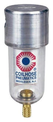 Coilhose Pneumatics - 1/8" Port, 4" High x 1-1/2" Wide, Miniature FRL Filter with Metal Bowl & Manual Drain - 25 SCFM, 250 Max psi, 250°F Max, 1.5 oz Bowl Capacity - Eagle Tool & Supply