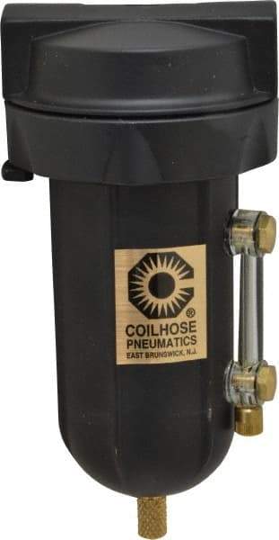 Coilhose Pneumatics - 1/4" Port, 5" High, FRL Filter with Aluminum Bowl & Manual Drain - 250 Max psi, 250°F Max, 4 oz Bowl Capacity - Eagle Tool & Supply