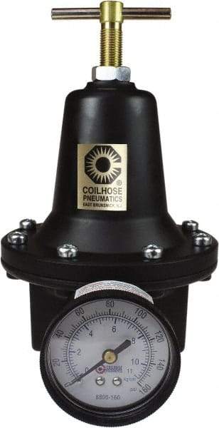 Coilhose Pneumatics - 1/4 NPT Port, 40 CFM, Cast Aluminum Heavy-Duty T-Handle Regulator - 0 to 125 psi Range, 250 Max psi Supply Pressure, 1/4" Gauge Port Thread, 3" Wide x 5-1/2" High - Eagle Tool & Supply