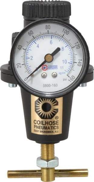 Coilhose Pneumatics - 3/8 NPT Port, 40 CFM, Cast Aluminum Heavy-Duty T-Handle Regulator - 0 to 125 psi Range, 250 Max psi Supply Pressure, 1/4" Gauge Port Thread, 3" Wide x 5-1/2" High - Eagle Tool & Supply