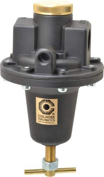 Coilhose Pneumatics - 3/4 NPT Port, 160 CFM, Cast Aluminum Heavy-Duty T-Handle Regulator - 0 to 125 psi Range, 250 Max psi Supply Pressure, 1/4" Gauge Port Thread, 5" Wide x 8-1/2" High - Eagle Tool & Supply