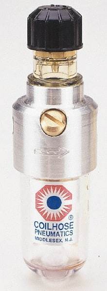 Coilhose Pneumatics - 1/8 NPT Port, 150 Max psi, Miniature Lubricator - Polycarbonate Bowl, Cast Aluminum Body, 11 CFM, 120°F Max, 1-1/2" Wide x 5" High - Eagle Tool & Supply