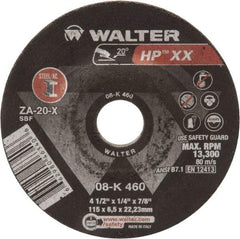 WALTER Surface Technologies - 20 Grit, 4-1/2" Wheel Diam, 1/4" Wheel Thickness, Type 27 Depressed Center Wheel - Aluminum Oxide, 13,300 Max RPM - Eagle Tool & Supply
