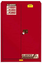 Justrite - 2 Door, 5 Shelf, Red Steel Standard Safety Cabinet for Flammable and Combustible Liquids - 65" High x 43" Wide x 18" Deep, Manual Closing Door, 3 Point Key Lock, 60 Gal Capacity - Eagle Tool & Supply