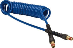 Coilhose Pneumatics - 1/4" ID, 1/4 Thread, 15' Long, Dark Blue Polyurethane Coiled & Self Storing Hose - 125 Max psi, Male Swivel x Male Swivel with Strain Relief - Eagle Tool & Supply