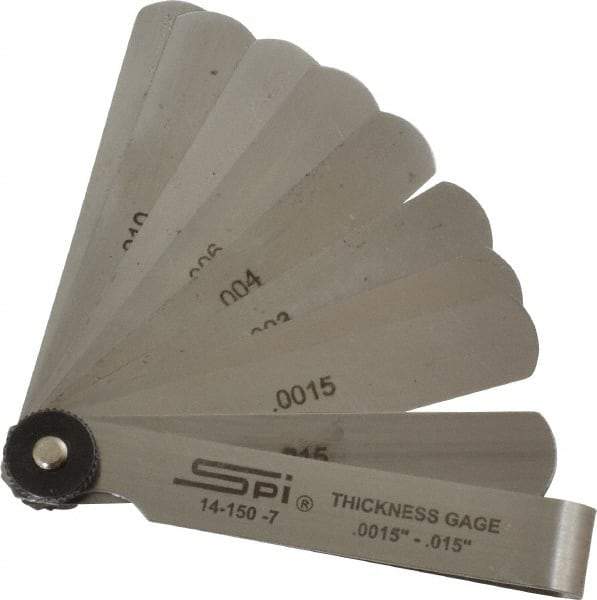 SPI - 9 Piece, 0.0015 to 0.015", Parallel Feeler Gage Set - 3" Long x 1/2" Wide, Tempered Steel - Eagle Tool & Supply