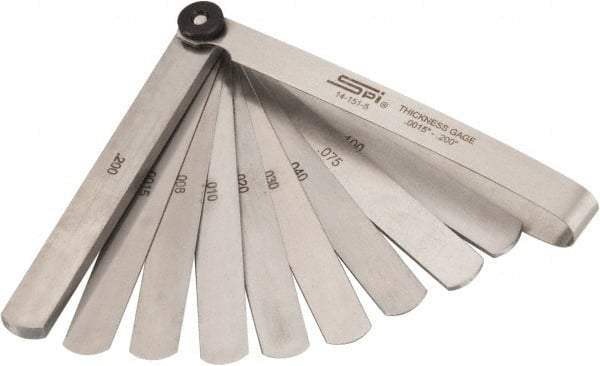 SPI - 13 Piece, 0.0015 to 0.2" Thick, Parallel Feeler Gage Set - 4-1/4" Leaf Length, 1/2" Wide, Tempered Steel - Eagle Tool & Supply