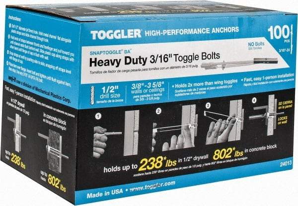 Toggler - 3/16" Screw, 6-1/4" Long, 3/8 to 3-5/8" Thick, Toggle Bolt Drywall & Hollow Wall Anchor - 3/16 - 24" Thread, 1/2" Drill, Zinc Plated, Steel, Grade 1010, Use in Drywall - Eagle Tool & Supply