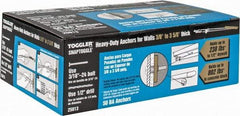 Toggler - 3/16" Screw, 6-1/4" Long, 3/8 to 3-5/8" Thick, Toggle Bolt Drywall & Hollow Wall Anchor - 3/16 - 24" Thread, 1/2" Drill, Zinc Plated, Steel, Grade 1010, Use in Drywall - Eagle Tool & Supply