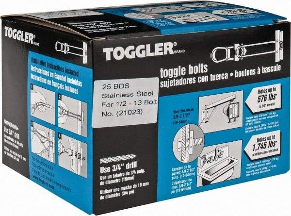 Toggler - 1/2" Screw, 6" Long, 3/8 to 2-1/2" Thick, Toggle Bolt Drywall & Hollow Wall Anchor - 1/2 - 13" Thread, 3/4" Drill, Uncoated, Stainless Steel, Grade 304, Use in Drywall - Eagle Tool & Supply